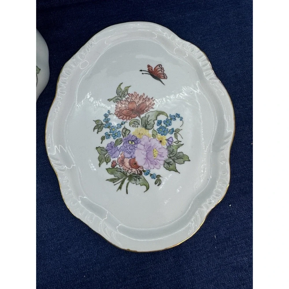 VTG Rare Covered Dish‎ & Knife Set Hand Painted Floral Signed Porcelain Ornate